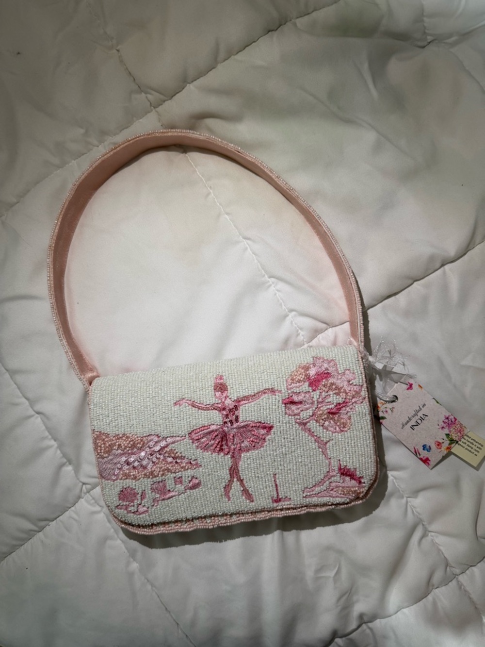 Beaded Ballerina Mini Shoulder Bag in Soft Pink and Cream